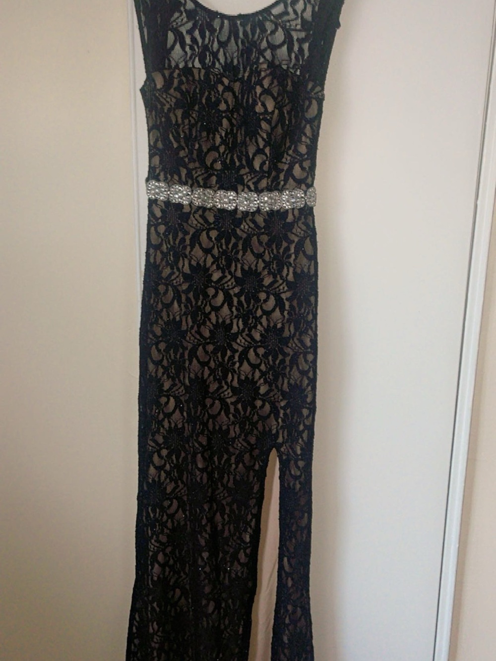 Black Lace Evening Gown with Beaded Waist